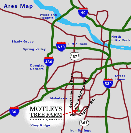 Directions to Motley's Tree Farm, 13724 Sandy Ann Drive, Little Rock, Arkansas, just off Willow Springs Road.  We are located in Central Arkansas near many communities, including Iron Springs, Vimy Ridge, Mabelville, Douglas Corners, Spring Valley, Shady Grove, Woodland Heights, Sweet Home, and North Little Rock. 